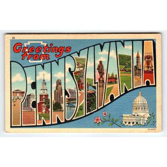 Vintage Greetings from Pennsylvania Linen Postcard by E. Madciff Hershey PA - Picture 1 of 2